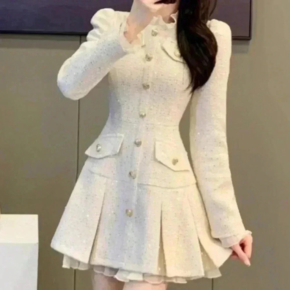 Apricot Elegant Women's Sequin Tweed Pleated Single Breasted Mini Dress - Picture 4 of 7